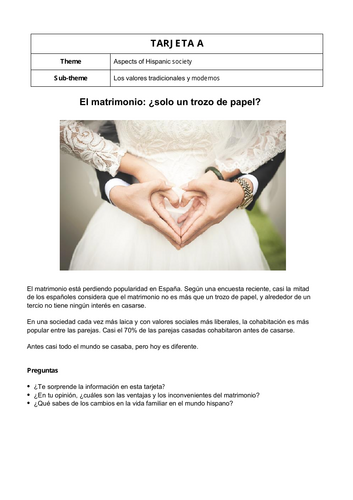 Los Valores Tradicionales y Modernos Speaking Cards - A-Level Spanish Mock Exam Practice