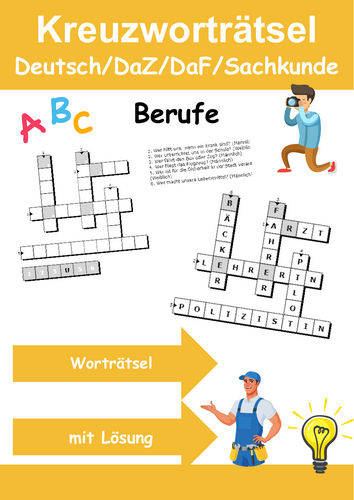 Kreuzworträtsel mit Lösung Berufe (Grundschule) - DaZ/DaF, Deutsch, Wortschatz