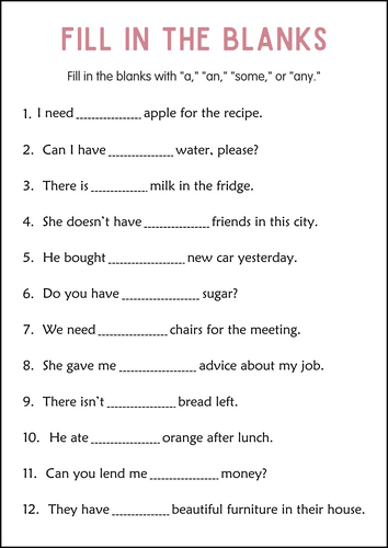 Printable Countable and Uncountable Nouns Grammar Worksheets for Grade 4, 5, 6