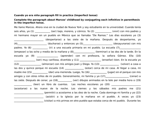 Cuando yo era niño paragraph fill in practice (Imperfect tense)