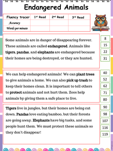 Endangered animal fluency tracker passage | Printables.