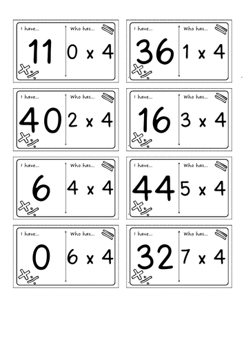 3 sets of 4 times table loop cards for KS1 and KS2