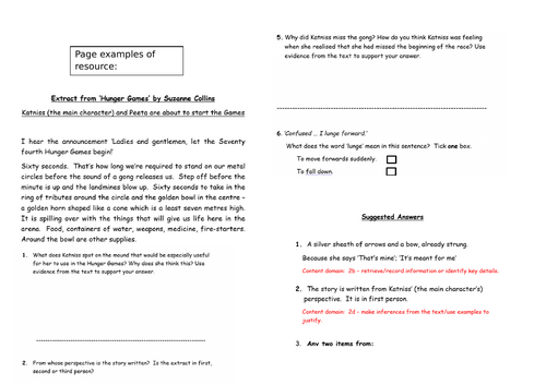KS2 SATS Reading Comprehension Retrieval/Word Meaning/Inference 2a/2b/2d Practice Hunger Games
