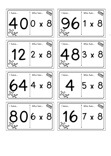 3 sets of 8 times table loop cards for KS1 and KS2