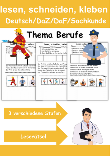 Berufe Leserätsel - Lesen, schneiden, kleben - DaZ/DaF, Deutsch, Sachunterricht