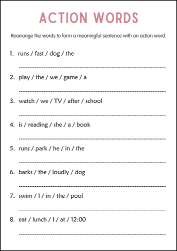 Printable Action Words Grammar Worksheets for Grade 3, 4, 5