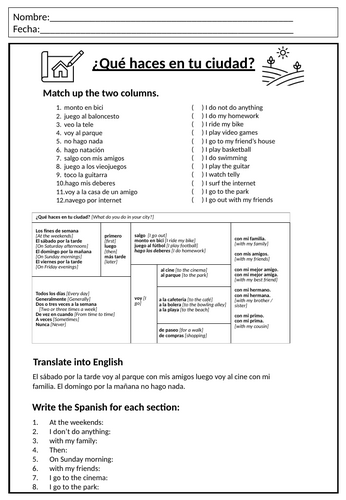 Y7 Spanish Worksheet - mi ciudad