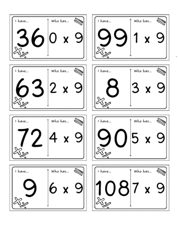 3 sets of 9 times table loop cards for KS2