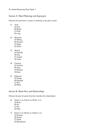 GL Verbal Reasoning Practice Paper