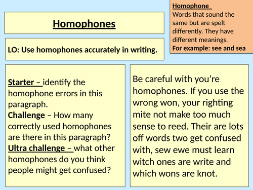 Homophones Literacy Y7