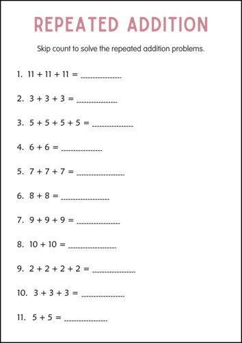 Printable Repeated Addition Number Math Activity Worksheets for Grade 1, 2, 3