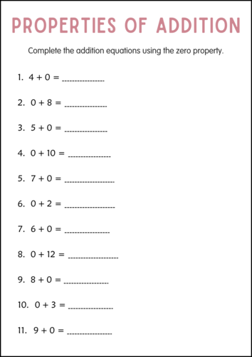 Zero Property - Associative and Commutative Properties of Addition Worksheets