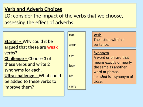 Verbs Adverbs Literacy Y8