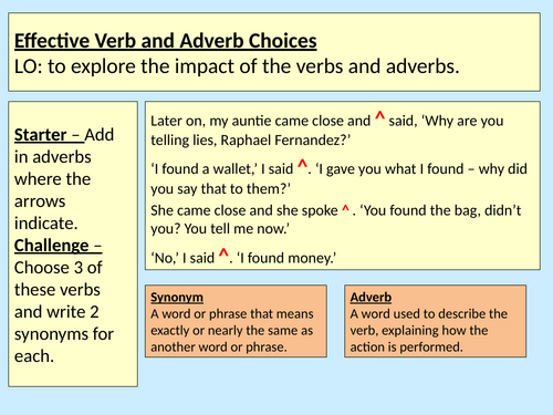 Effective Verbs and Adverbs Literacy Y8