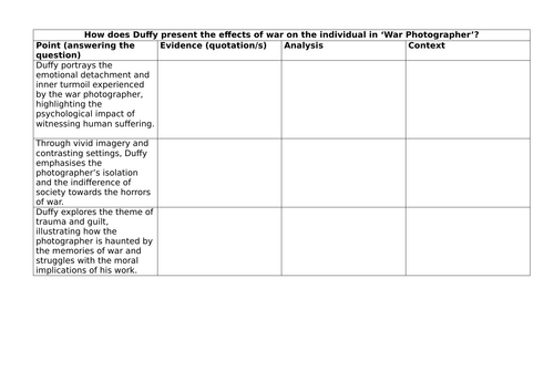 War Photographer Essay, Planning template