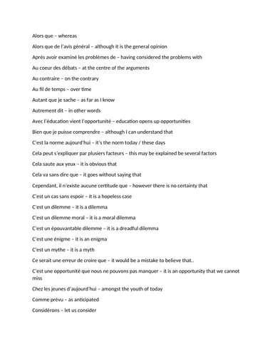 A LEVEL FRENCH essay writing : ambitious phrases and sentence starters