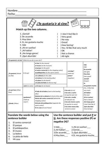 Spanish KS3 Worksheet - ¿Te gustaría ir al cine?