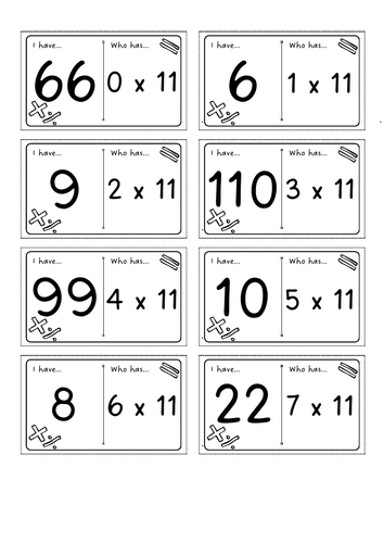 3 sets of 11 times table loop cards for KS2