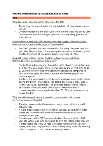 Higher Modern Studies Factors which Influence Voting Behaviour Notes | Word Document