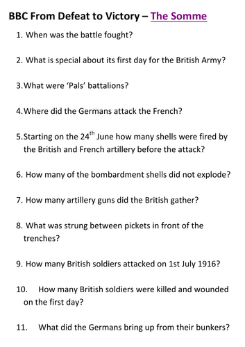 BBC From Defeat to Victory – The Somme Video Question Sheet