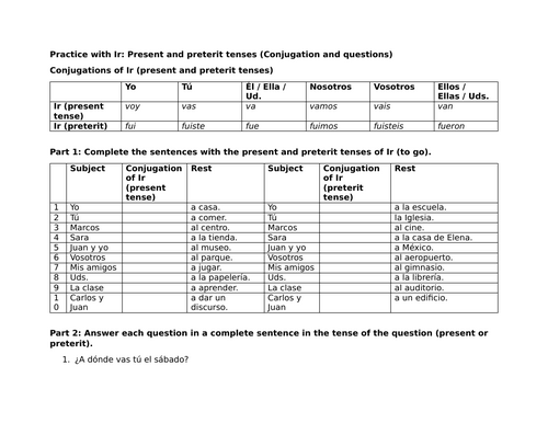 Practice with Ir: Present and preterit tenses (Conjugation and questions)