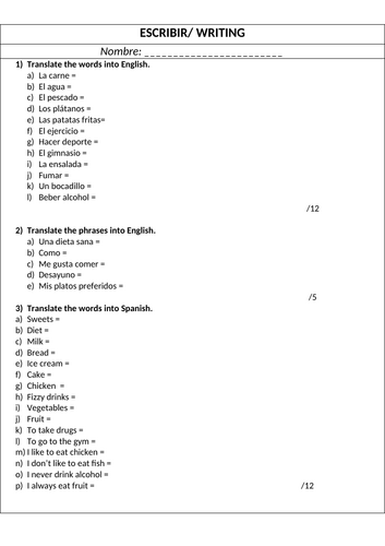 La comida worksheet