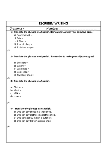 Writing worksheet shops & area