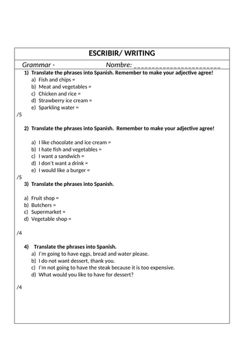 La comida writing worksheet