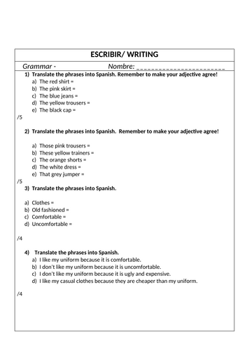 La ropa writing worksheet