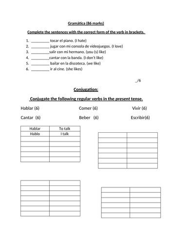 Spanish present tense worksheet