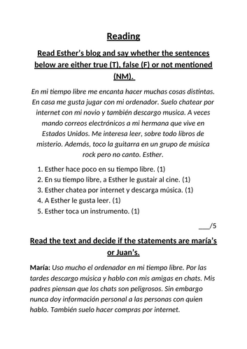 Los pasatiempos reading worksheet