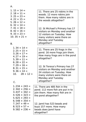 Addition  - 2 and 3 digit questions