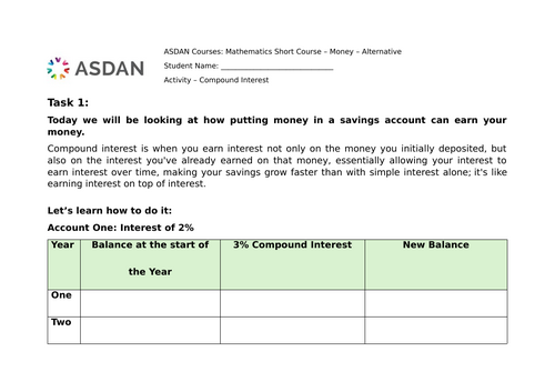 ASDAN Maths - Money Module - Compound Interest Task