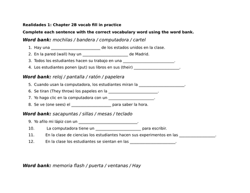 Realidades 1: Chapter 2B vocab fill in practice