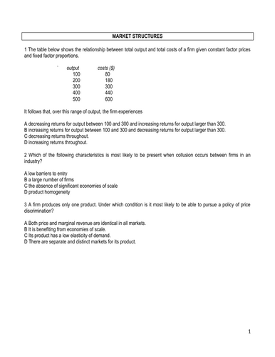 A Level Economics Market Structures MCQ