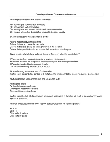 A Level Econs MCQ's  Costs & Revenues