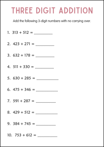 Three Digit Addition - With Regrouping (3 Digit Adding) Printables Worksheets