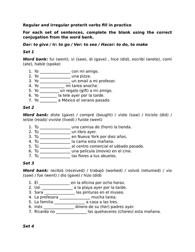 Regular and irregular preterit verbs fill in practice