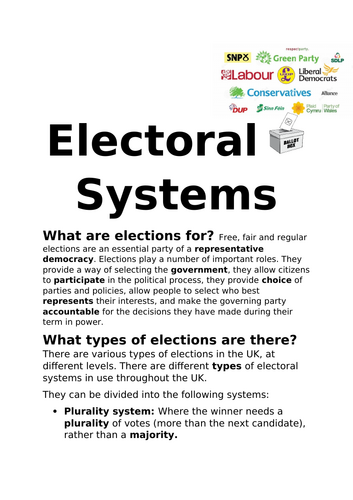 EDEXCEL A LEVEL POLITICS TOPIC 3 ELECTORAL SYSTEMS L4 , 5, 6, 7AND 5 ALTERNATIVE VOTING SYSTEMS