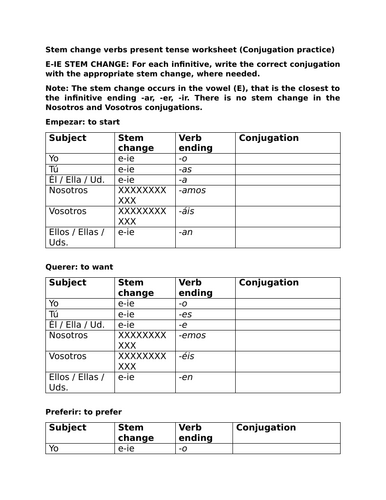 Stem change verbs present tense worksheet (Conjugation practice)