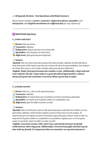 SPANISh AB INITIO SPEAKING MODEL ANSWERS
