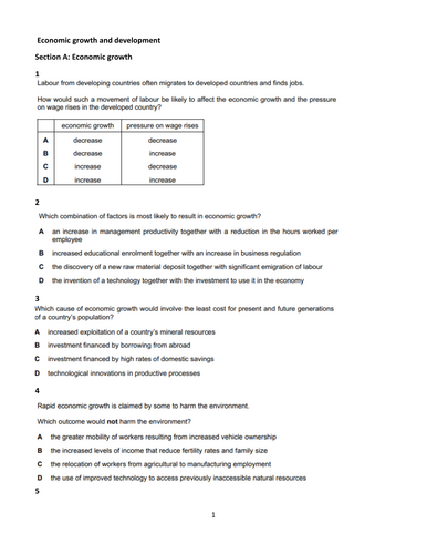 A Levels Economics MCQ's & Essays on Economic growth & Development