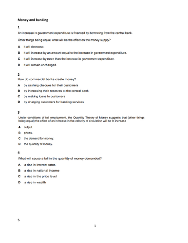 A Levels Economics MCQ's  on Money & Banking