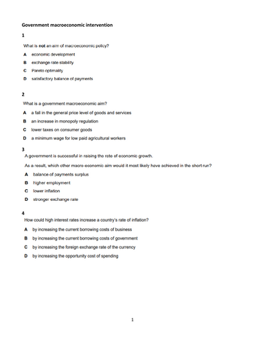 A Levels Economics MCQ's  & Essays on Government Macroeconomic intervention