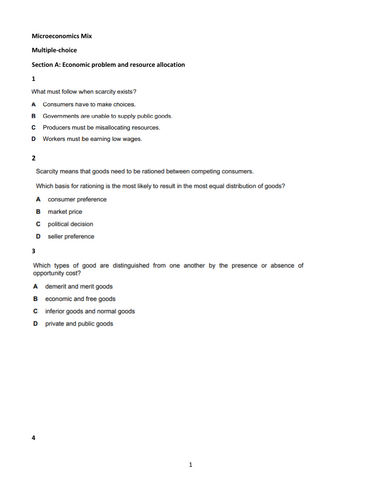 A Levels Economics MCQ's  & Essays on Microeconomics Mix