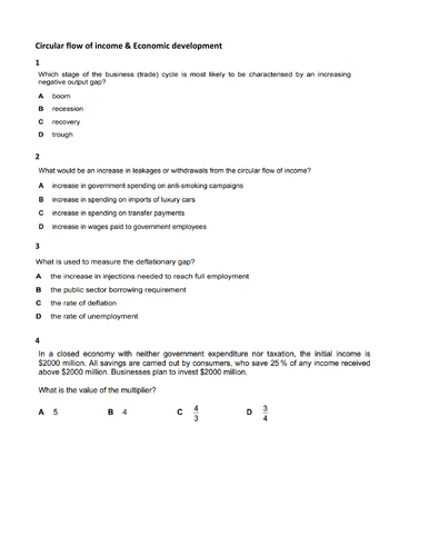 A Level Economics MCQ's & Essays on Circular flow of income & Economic development