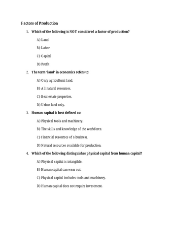 Factors of production _ MCQ's