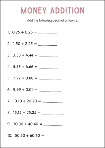 Printable Money Addition Numbers Math Worksheets for Grade 2, 3, 4