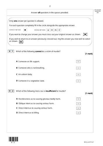 Murder and Voluntary Manslaughter Multiple Choice Questions - A-Level Law Revision Quiz