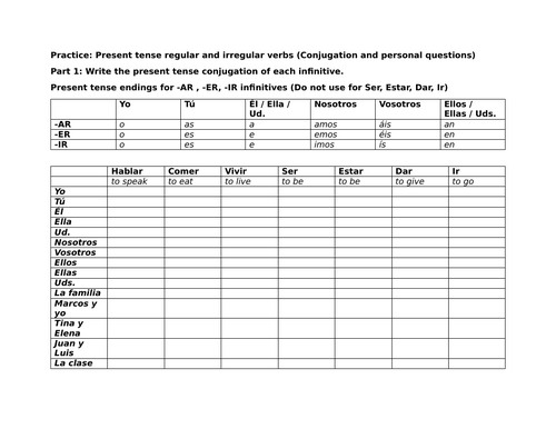 Practice: Present tense regular and irregular verbs (Conjugation and questions)